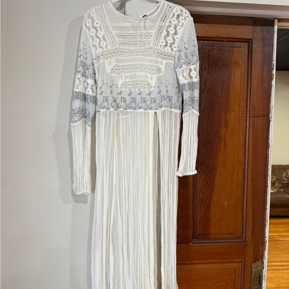 Free People White and Gray Embroidered Dress